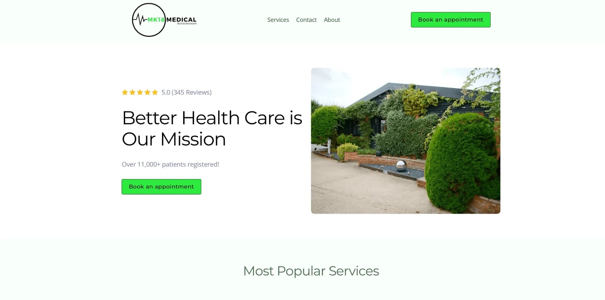 The MK18 Medical website built by UP Healthcare, showing the practice homepage and its booking button