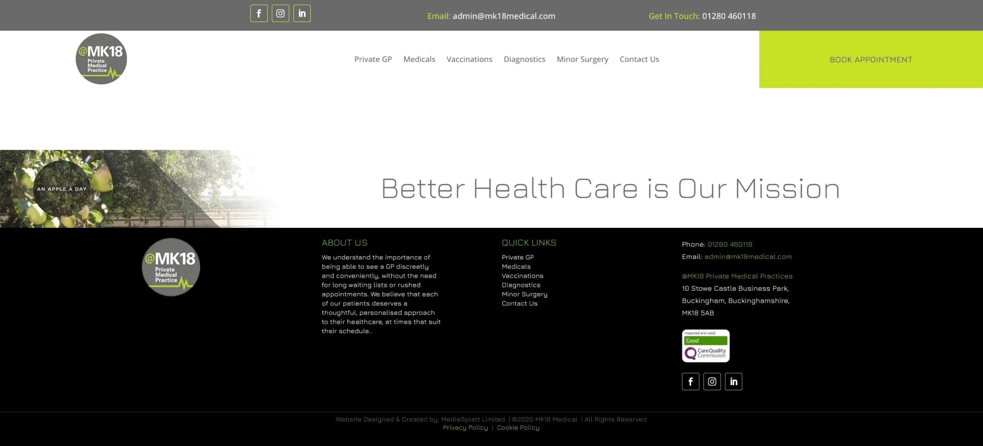 The previous MK18 Medical website: a dated layout with small text and no clear booking journey